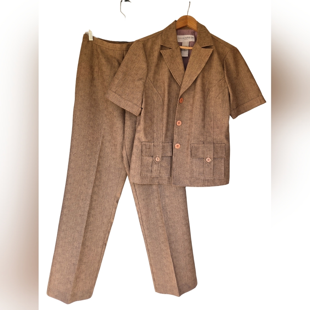 Vintage Sag Harbor 2 Piece Short Sleeve Button Blaze Brown Pant Suit Sz 14 Women